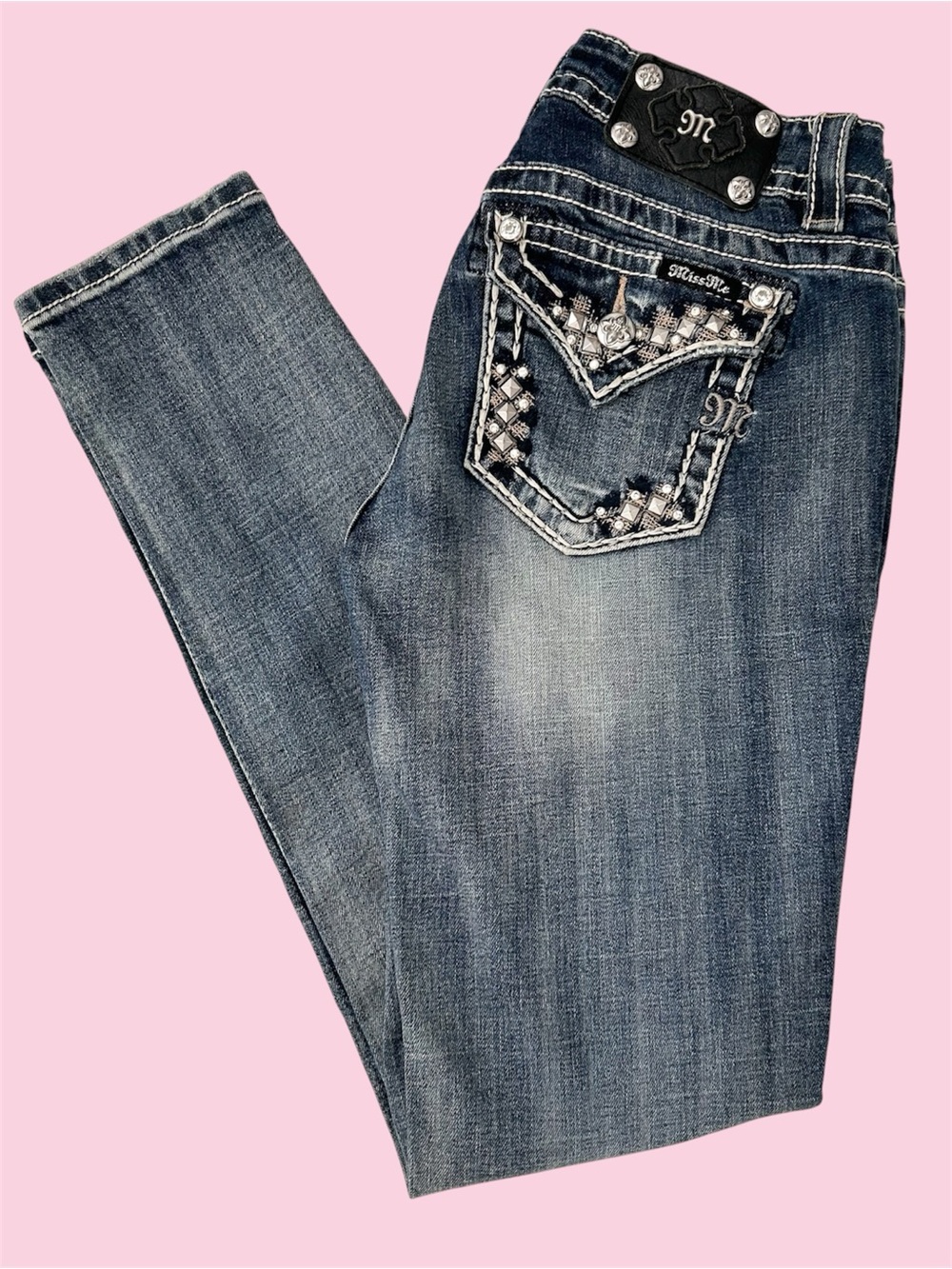 Y2K Miss Me 27x31 Mid Rise Skinny Dedazzled Rhinestone Denim Jeans Diva MP7088S2